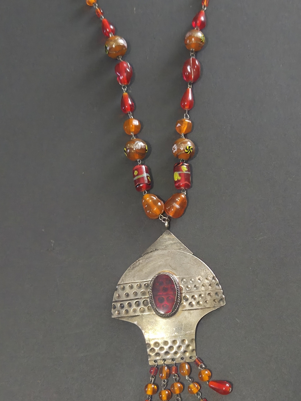 Red & Amber Glass Bead Necklace with Hammered Silver-Tone Pendant
